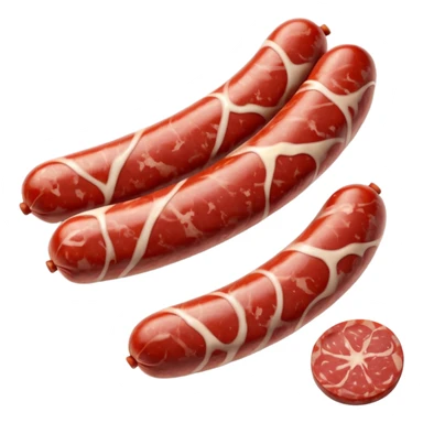 short cured sausage with dusty white casing, sliced at one end to show marbled red meat and fat, a few round slices beside it, no extras, soft lighting, subtle shadows, emoji scale sticker