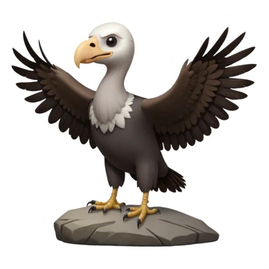 a vulture — large bird with dark brown feathers, bald WHİTE head, curved beak and sharp eyes — standing proudly on a rock — wings slightly open — realistic yet cute cartoon emoji look, clean lighting, soft shadows. sticker