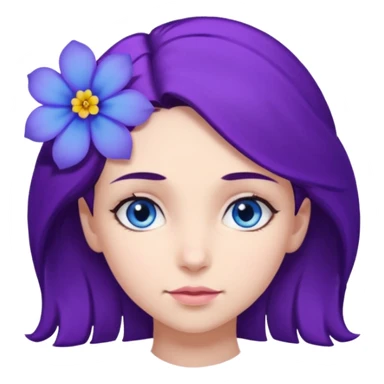Create a girl of European appearance who looks sideways with dark brown hair, blue eyes and a purple hair flower sticker