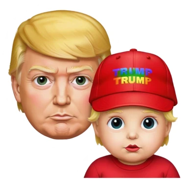 Donald trump wearing a red hat that says LGBTQ and a mini baby Donald trump  sticker