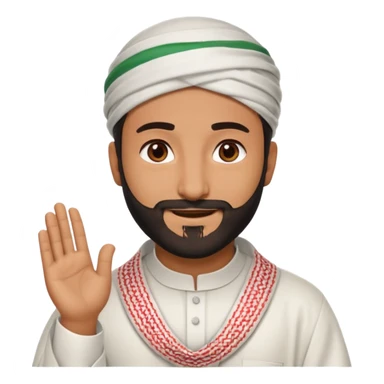 detailed iPhone-style emoji of a Saudi man in white thobe, red-and-white shemagh with black agal, short beard, brown eyes, smiling, both hands visible sticker