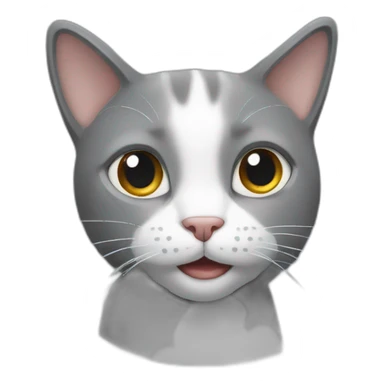 a grey cat with a white spot on its nose is playing sticker