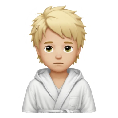 Create a blond boy with long, messy hair, light eyes, a white t-shirt, rich, with long hair, blue eyes, medium-length, voluminous hair, wearing a black Nike bathrobe and a little blush near his nose. sticker
