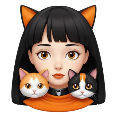 a girl with a short black curtain bangs hair and with her 2 cat color white black cat and orange white cat laying on her neck sticker