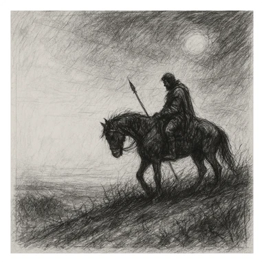 black and white pencil sketch, 1:1 ratio, inspired by a warrior's final ride. Right side: lone contemplative rider on restless horse atop windswept hill under heavy sunless sky. Left side open and uncluttered for poem text. Somber landscape with hints of grass, vines, passage of time, evoking legacy, peace, returning to earth. No text in image. sticker