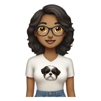 black haired woman wearing a shirt SAYING "BINDU "with light skin and a smiling shih tzu wearing a shirt saying "BROWNIE" sticker