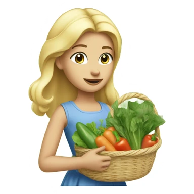 Girl with blonde hair and blue eyes wearing a sleeveless sundress and carrying two baskets of vegetables and greens sticker