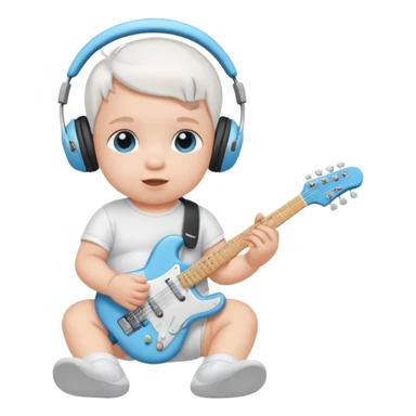 a cute baby in a white diaper and air pod maxes playing a baby blue electric guitar sticker