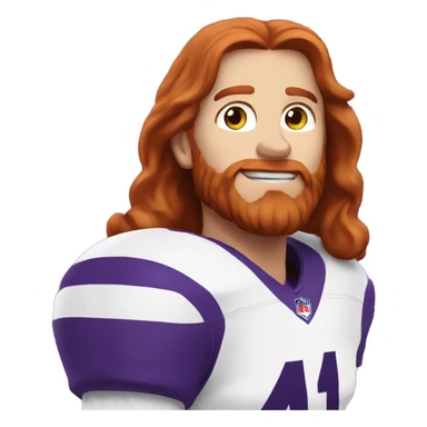 Redhead jesus playing American football wearing purple number 14 sticker