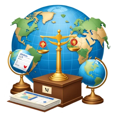 An icon featuring a podium with a speaker, a ballot box with a voting slip, and a globe, symbolizing political science. The design includes scales of justice and a world map in the background, representing governance and global politics. Transparent background highlights political analysis. sticker