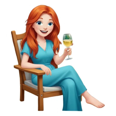 Laughing redhead with long hair and blue eyes holding white wine sitting in chair beside fire backyard sticker