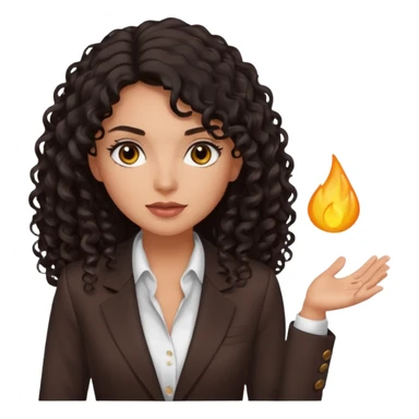 medium deep tan brown business woman with long black curly hair, light rosy cheeks, smoky eyes, dark brown eyes, wearing a dark brown blazer, white shirt sticker