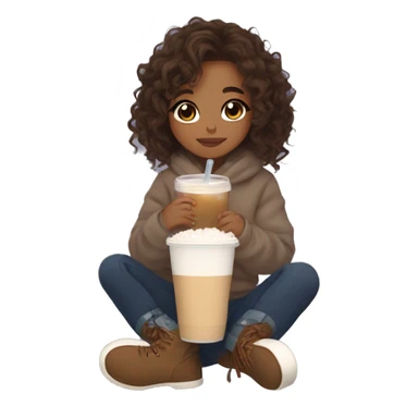  cute aesthetic brown wavy hair tan girl cozy drinking boba and wearing uggs  sticker