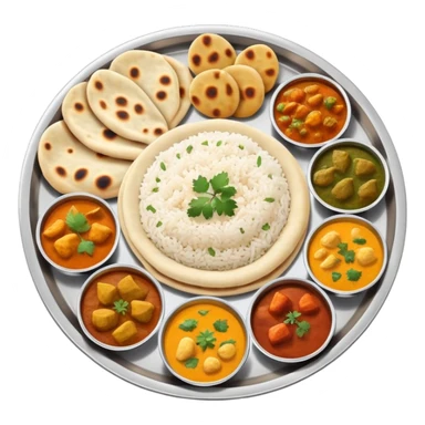 Indian food thali with curry, naan bread, and rice sticker