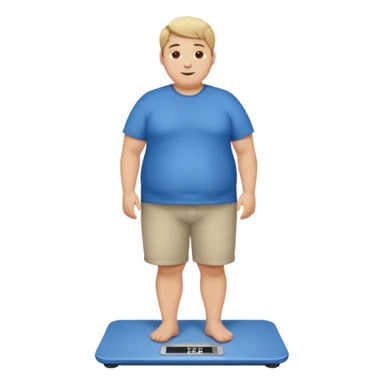 A young male with short dark-blonde hair and medium-light skin, only slightly overweight. He stands on a scale with a relieved, happy expression after noticing weight loss. He wears blue cloth, his posture relaxed with a gentle smile. sticker