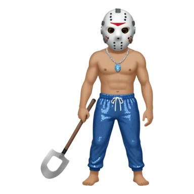 Jason Voorhees with white hockey mask, blue-gray sequin baggy pants, shirtless with necklace sticker