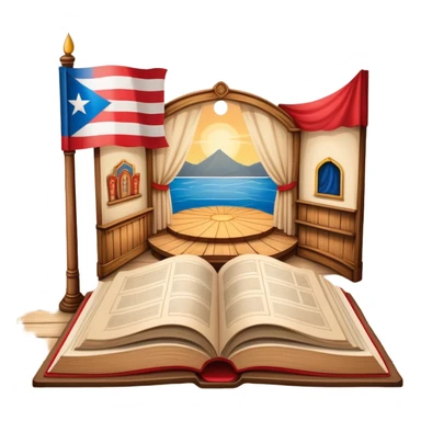 Timeless open book with visible pages of hand-drawn theater backdrop sketches, stage layouts and set designs, Puerto Rican flag motifs integrated throughout, wooden cover with theater symbols, warm light sticker