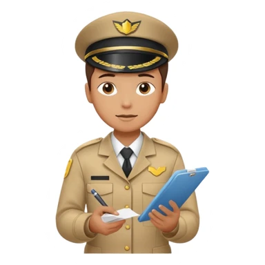 create a realistic emoji of a packaging station person with a protocol in his hand writing something down. sticker