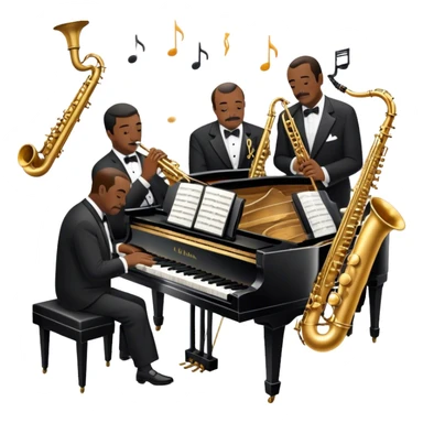 Icon for Jazz Music: Count Basie Orchestra, with Count Basie at the piano surrounded by jazz musicians playing instruments like saxophones, trumpets, and drums. Floating musical notes should capture the energetic and smooth vibe of big band jazz. Transparent background. sticker