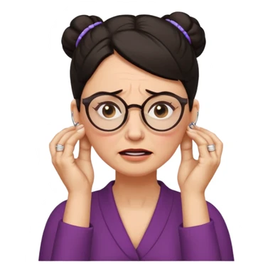  middle aged woman with dark hair pulled up in a high bun, wearing round ring earrings and glasses with a very painful expression on her face, eyes squeeed shut, wincing in pain,covering her ears with her hands, trying to not hear a terribly loud noise sticker