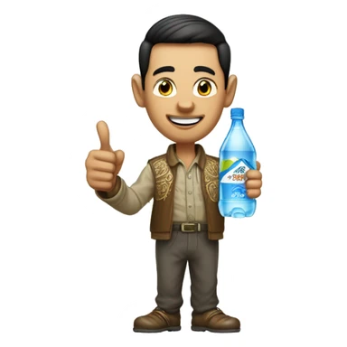 caricature of a man wearing Indonesian santri-style clothing holding a mineral water bottle pointed forward, and one hand giving a thumbs up.  sticker