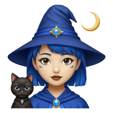 an asian short haired girl with electric blue highlighted short raven hair with bangs, with her silver left eye and dark brown right eye, with black cat eyed style eyeliner, and smirk of natural toned lipstick, with wizard hat with moon emblem on his hat. sticker