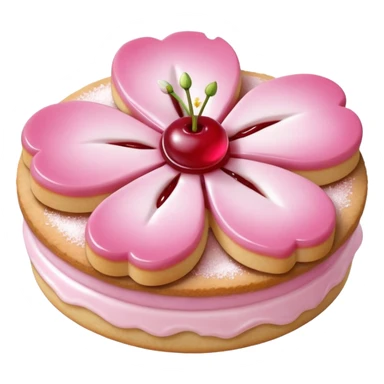 Realistic shortbread cookie in the shape of a cherry blossom with pale pink color jelly middle filling and sprinkled powder sugar on top. sticker