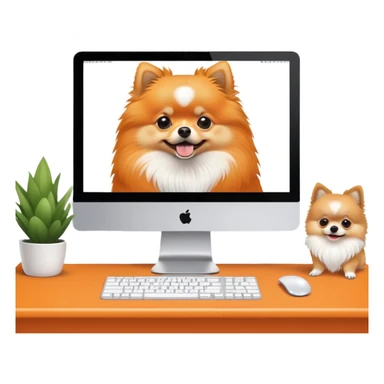 iMac monitor with a Pomeranian dog photo displayed on screen sticker