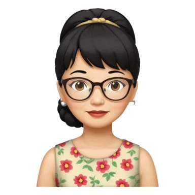 filipino woman black hair in one pony tail with straight bangs and big glasses, 60 yr old, nice dress

 sticker