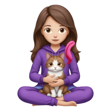 a calm girl with long wavy brown hair, brown eyes, cozy purple clothes, sitting cross-legged, gently holding a tricolor cat (brown, white, and grey), iOS emoji style, gentle colors sticker