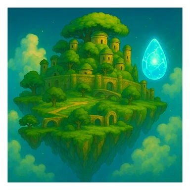 Add the princess's flying stone (levitation crystal) from 'Le Château dans le Ciel' to the scene, glowing and floating near Laputa, in the same Ghibli cartoon style. Do not include the princess. sticker