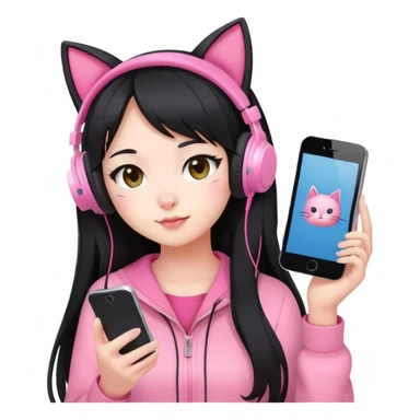Extra cute Japanese girl with long hair, wearing pink cat ear headphones and holding a mobile phone sticker