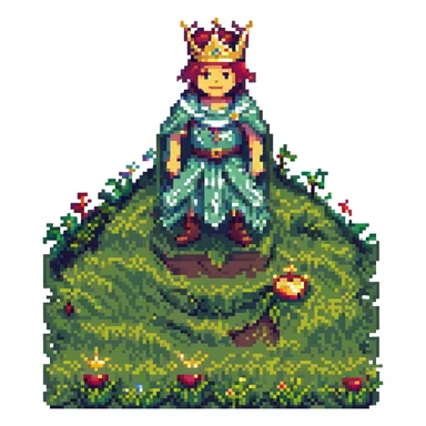 pixelated king with a crown on a grassy hill, retro video game look sticker