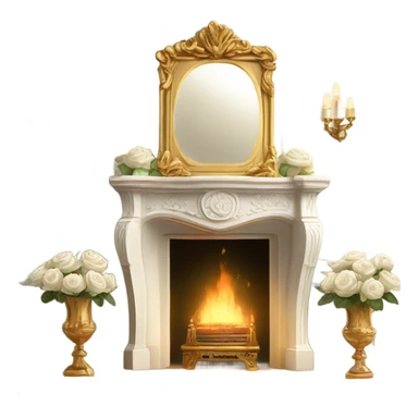 Elegant white fireplace with ornate carvings, a gold-framed mirror above it, and a vase with white roses on top. sticker