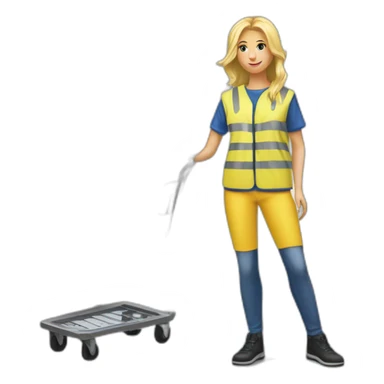 Ikea coworker blond woman blue stripes t-shirt and yellow security vest with trolley scan sticker