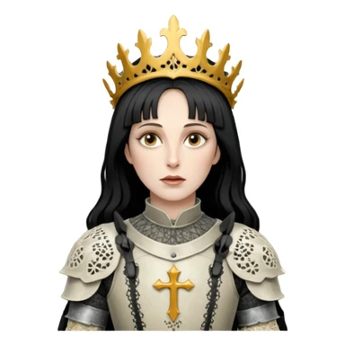 realistic cinematic actress Cher in Victorian lace styling like Joan of Arc dirty damaged armor in a forest sticker