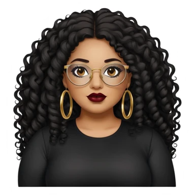 big plus size, latina, darker tan skin, gold hoops, long black curly hair, baddie,pretty, makeup, dark red lipgloss, black eyeliner, long hair, black shirt, black glasses sticker