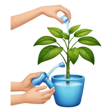 hands pouring water onto a potted plant, simple and friendly sticker