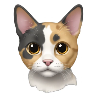 older diluted calico, white chin, black and pink nose, mostly dark grey with whiteish beige forehead sticker