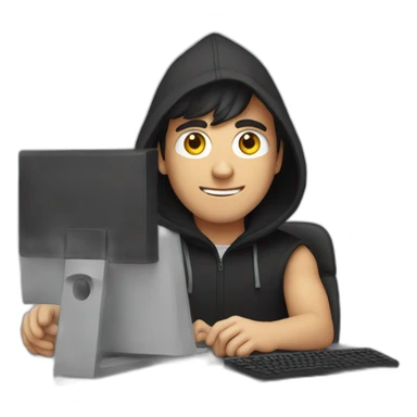 A young white Developer with a black hood behind his computer and taping on his keyboard sticker
