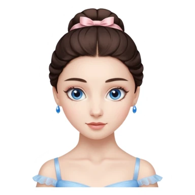 Realistic Ballerina Portrait, with porcelain-like skin featuring a natural rosy flush, illuminated by soft lighting that highlights the gentle contours of her face. Her Brunette hair flows in soft.Her deep blue eyes radiate framed by arched brows and long lashes. sticker