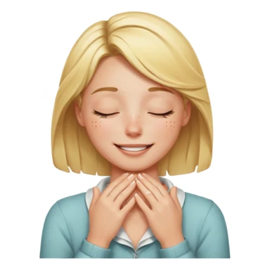 Happy blonde girl with eyes closed and mouth smiling and hands cupped around her neck sticker