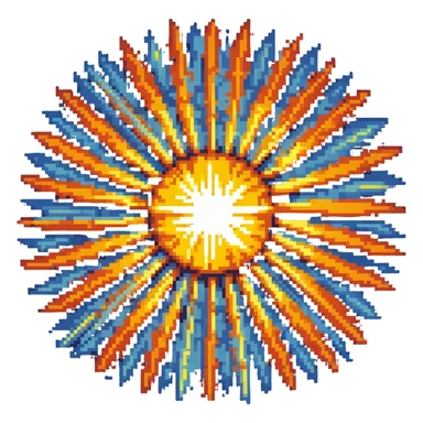 Bomberman explosion center tile animation frame 2, full size bright fiery explosion core, yellows and oranges radiating from center, peak of explosion sticker