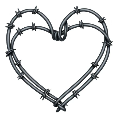Minimal black line art heart made from barbed wire, hand-drawn sketch look, uneven ink strokes, 6–7 barbs with twisted knots, simple clean outline, centered on plain white background, high contrast sticker