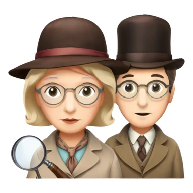 Icon for Detective Movies: A colorful collage with Sherlock Holmes, Miss Marple, and Pinkerton. Include magnifying glasses, clues, and detective tools. The design should evoke mystery and intrigue, with a classic detective movie feel. Transparent background. sticker