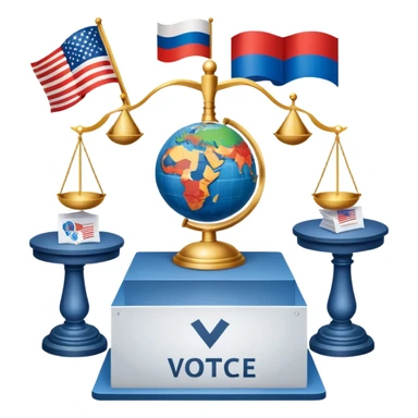 icon featuring podium with a speaker,russian and american flags, and voting ballots. The design includes a globe and scales of justice in the background, representing governance, global affairs, and political theory. Transparent background emphasizes civic engagement and policy. sticker