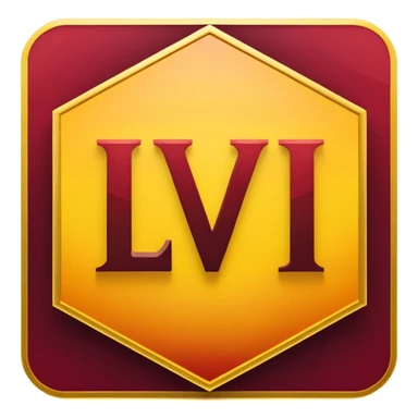 hexagon emblem with a thick yellow-to-gold outline and a dark red gradient inside. In the center, place a bold capital letter V in the same yellow-to-gold gradient as the outline. Keep the shapes clean and geometric, with smooth color transitions and no background color. sticker