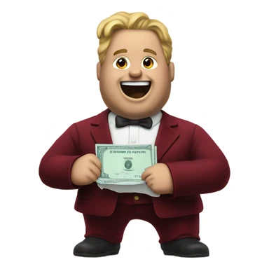 fat guy in dark red velvet suit holding cheque sticker