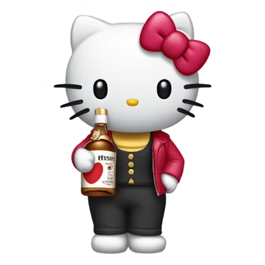 Hello Kitty, holding a bottle of Hennessy sticker