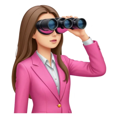 woman with long hair in an intensive color pink suit looking through binoculars, front viewi sticker